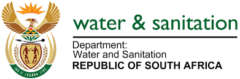 Logotipo del Departamento de Agua y Saneamiento de la República de Sudáfrica. Presenta un escudo de armas con un sol naciente, un águila y un escudo. El texto dice: 