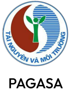 Logotipo con un círculo que representa una figura humana verde en el centro, flanqueado por una forma marrón a la izquierda y un diseño ondulado azul a la derecha. El texto vietnamita 