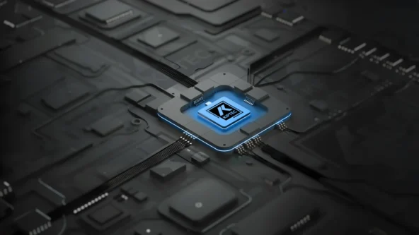 En una oscura placa de circuitos futurista, con conexiones iluminadas que se extienden por toda la placa, hay incrustado un brillante chip informático denominado AI Kernel (Núcleo de Inteligencia Artificial).