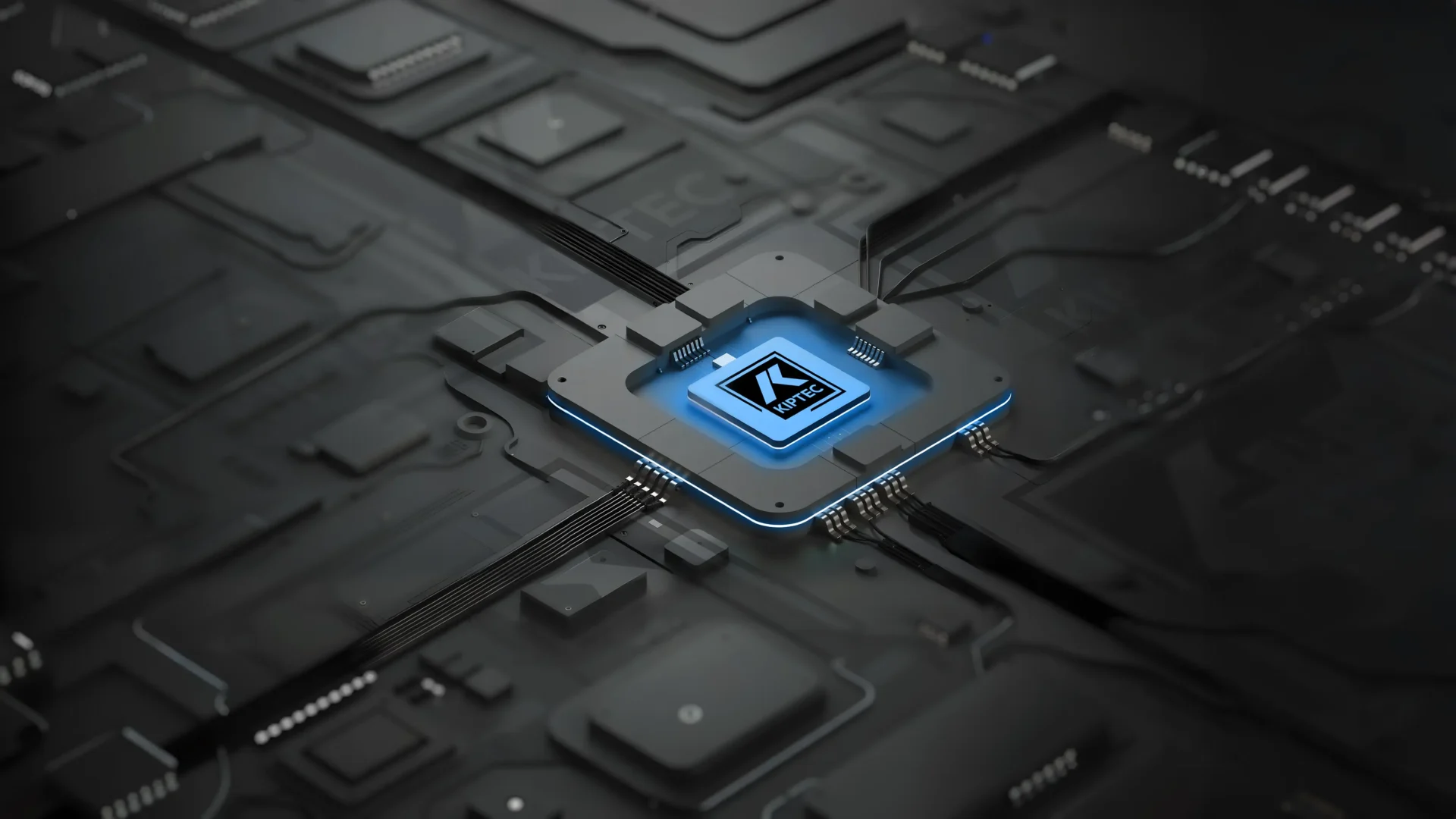 En una oscura placa de circuitos futurista, con conexiones iluminadas que se extienden por toda la placa, hay incrustado un brillante chip informático denominado AI Kernel (Núcleo de Inteligencia Artificial).