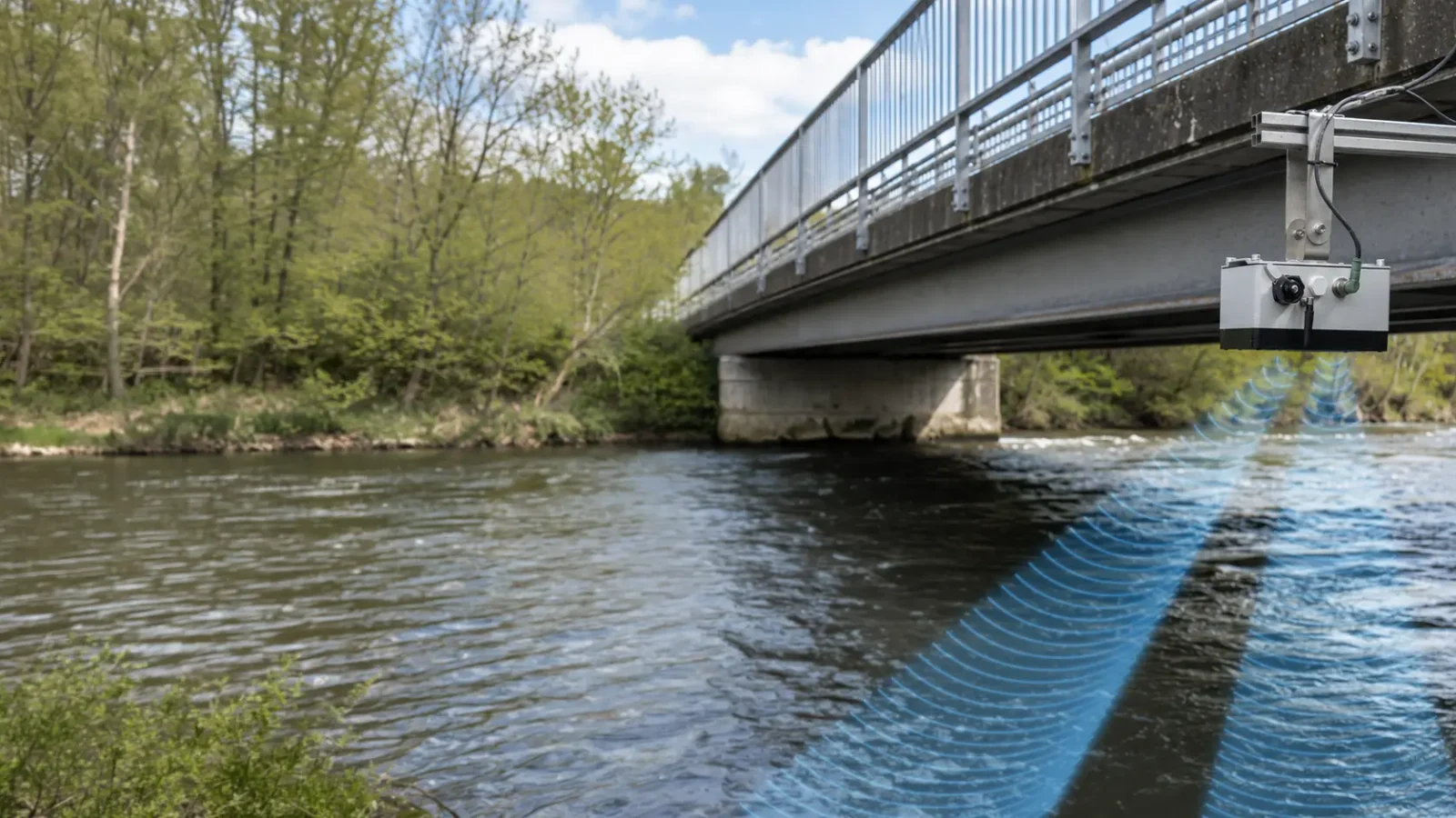 Un dispositivo instalado en el lateral de un puente utiliza un sonar azul o rayos láser para escanear el río que fluye por debajo, rodeado de árboles y arbustos verdes bajo un cielo parcialmente nublado.