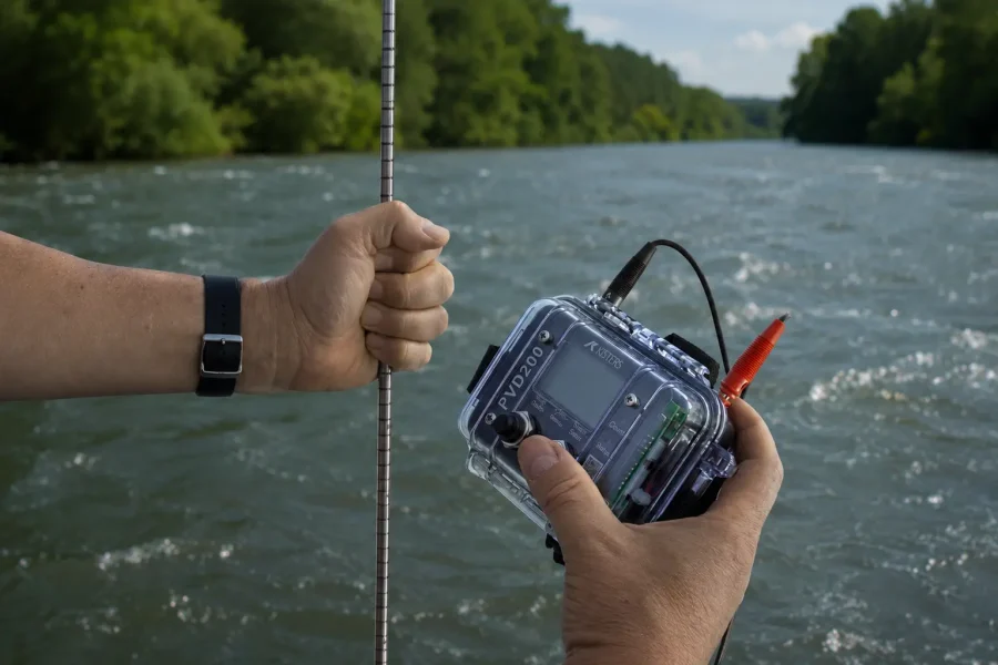 Una persona sostiene una varilla metálica y un dispositivo electrónico portátil con pantalla y cables, de pie cerca de un río caudaloso con árboles a ambos lados bajo un cielo parcialmente nublado.